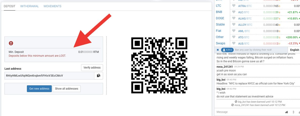 example of restrictions on cryptocurrency withdrawals (deposits below the specified amount will be LOST)