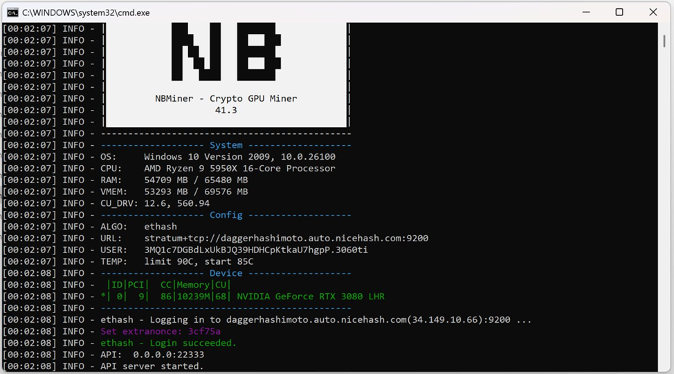 An example of mining the Ethash cryptocurrency on an NVIDIA GeForce RTX 3080 LHR graphics card using the Ethash algorithm supported by graphics cards.