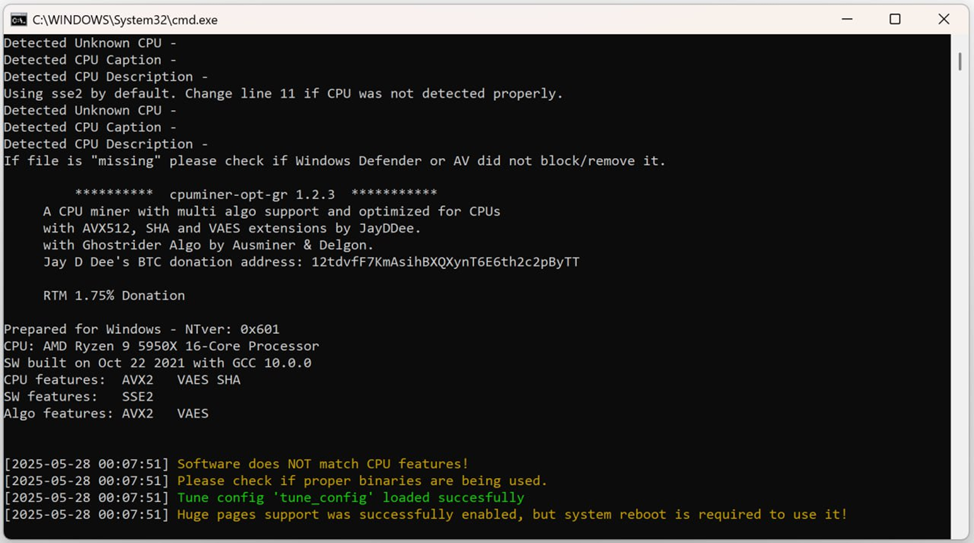 An example of mining the Raptorium cryptocurrency on an AMD Ryzen 5950x processor using the AVX2 algorithm built into the processors.